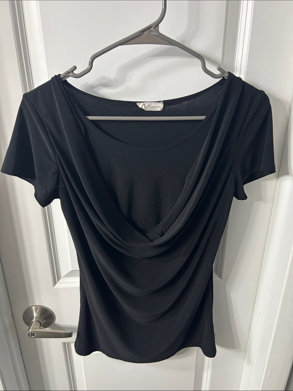 Draped Neck Short-Sleeve Blouse - Black